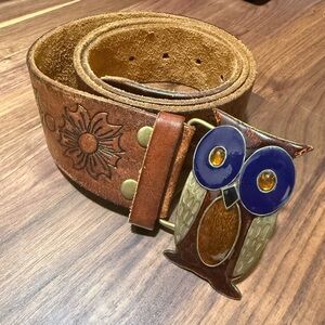 Hollister Leather Belt Owl Buckle Embossed Floral Western Boho Large